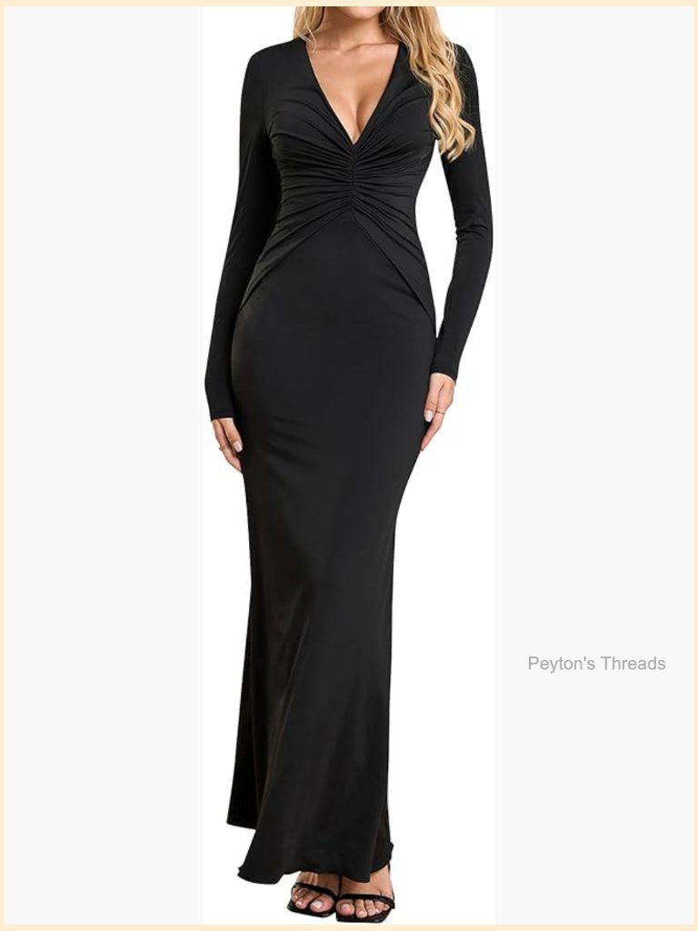 Long Sleeve V Neck Bodycon Maxi Dress Ruched Backless Tie Formal Wedding Guest